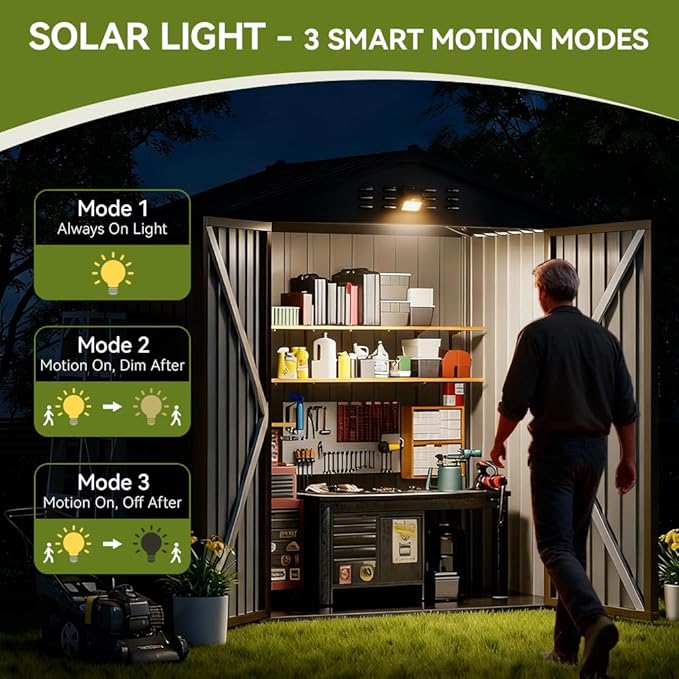 COMHOMA Shed Storage Outdoor Metal Windowed Lockable Solar Motion Light Adjustable Weatherproof Ventilated Backyard Garden Utility Workshop(Brown,6'*4')