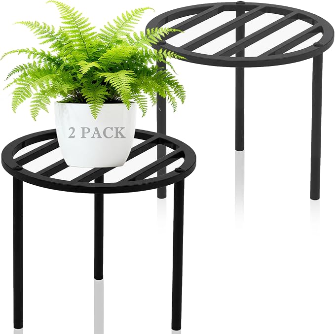 TOSKING 2-Pack Heavy Duty Metal Plant Stand Holds 120 lbs –10.2" Modern Minimalist Slatted Top Stand for Medium to Large Pots, Adjustable Leveling Feet & Rustproof Finish, Indoor/Outdoor, Black (10.2"D x 7.9"H)