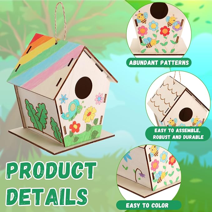 DoubleFill 36 Pack Wooden Bird House Bulk for Kids Birdhouse Kit Wood Houses for DIY Unfinished Hanging Birdhouse Kits Wooden Craft Houses to Paint VBS Craft Family Crafts