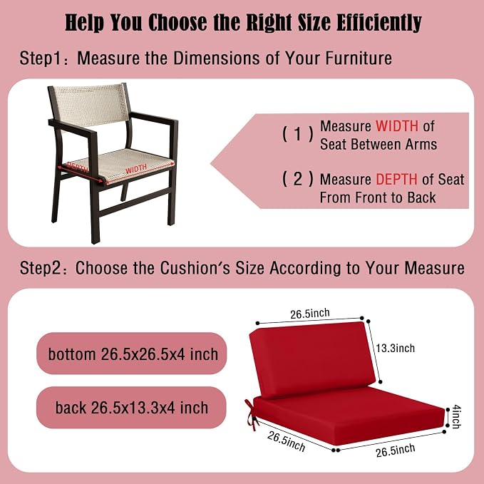 idee-home Outdoor Chair Cushions for Patio Furniture, Outdoor Seat Cushion | Waterproof Hampton Bay Deep Seat Replacement Couch Cushions for Garden Backyard Deck 26.5 x 26.5 Red