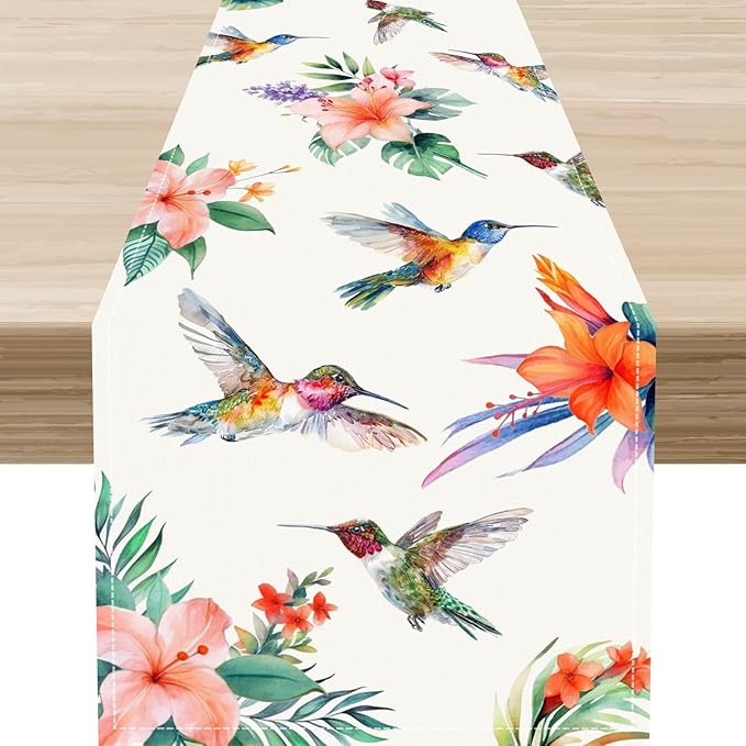 Tropical Floral Table Runner, Retro Seasonal Spring Summer Red Flower Palm Hummingbird Boho Rustic Coffee Table Center Decor for Family Kitchen and Dining Farmhouse Party Table Decorations, 13"x108"