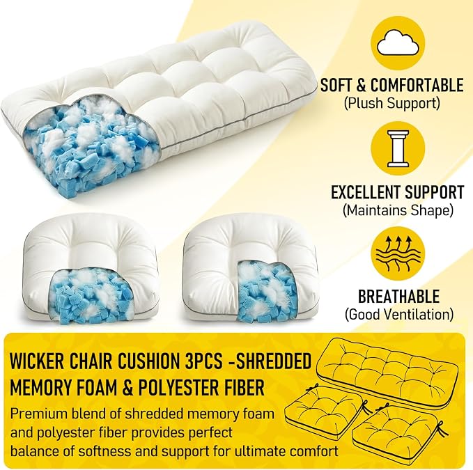 1 MIDDLE ONE Wicker Chair Cushions 3 Pieces Set for Outdoor Furniture, Replacement Patio Wicker Furniture Cushions, 1Pc Loveseat Cushion & 2Pcs Chair Cushions (Cream)