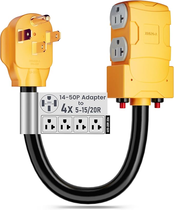 MECMO 50 Amp to 20 Amp 110V RV Distribution Adapter, NEMA 14-50P to 4 X 5-20R/15R RV 4-Prong to Multiple Household Outlet w/ 20amp Circuit Breaker, ETL Listed RV Generator Distribution Cord - 1.5ft
