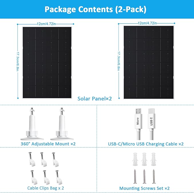Zivif USB Solar Panel for Security Camera, 4W Solar Charger for Rechargeable Battery Camera, IP66 Waterproof, 360° Adjustable Mount, 9.8FT/3M Cable, 2 Pack