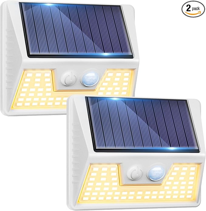 vighep 2Pack White Solar Lights Outdoor Motion Sensor, 3000K Warm Light/3 Lighting Modes, IP65 Waterproof Solar Powered Wall Lights Outside for Garden Fence Backyard Deck Driveway