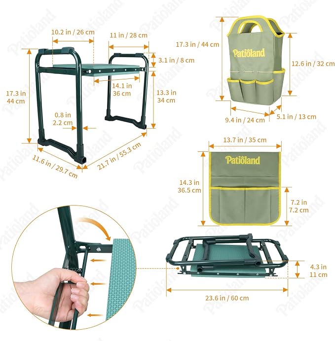 Garden Kneeler and Seat with 1 Gardening Tool Pouch and 1 Tool Bag, 10.2" Widen Heavy Duty Thicken Soft Kneeling Pad, Folding Garden Stool, Outdoor Yard Work Seat, Ideal Gardening Gifts for Mom, Women