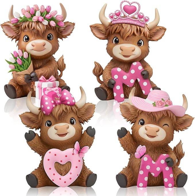 Simgoing 4 Pack Mother's Day Highland Cow Figurines Pink Highland Cow Statue Decor for Mom Miniature Cattle Statues Decoration for Mother's Day Tabletop Centerpieces Home Decor Calf Lovers Gifts