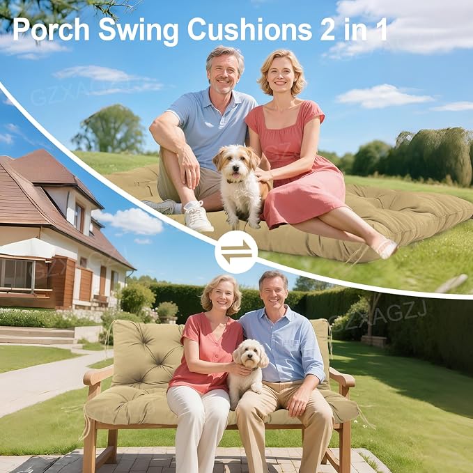 Porch Swing Cushions Outdoor 40x40 inch Waterproof Extra Thick 5" Swing Cushions Replacement with Backrest and Ties for Outdoor Furniture Porch Patio Garden Lawn (Khaki)