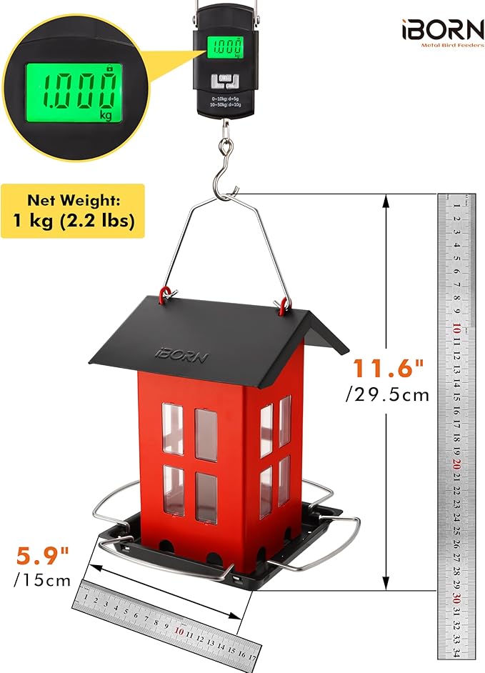 iBorn Bird Feeder House, Metal Bird Feeders for Outdoors Hanging,Double-Sided Metal Hanger & Weatherproof, Easy to Clean & Refill, 1.5 Lbs Capacity, Red