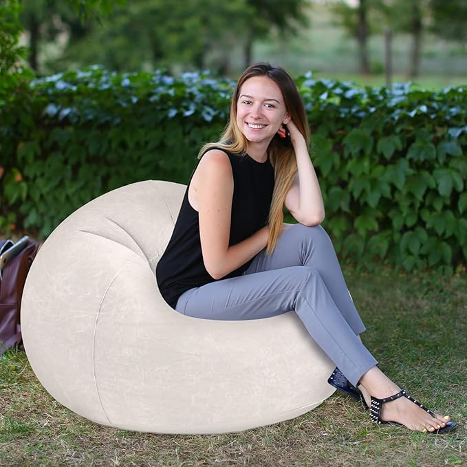 Realspring Inflatable Bean Bag Chairs Outdoor Blow up Camping Chairs Inflatable Lazy Sofa Folding Portable Bean Bag Loungers Couch for Movie Night(Beige,2 Pcs)