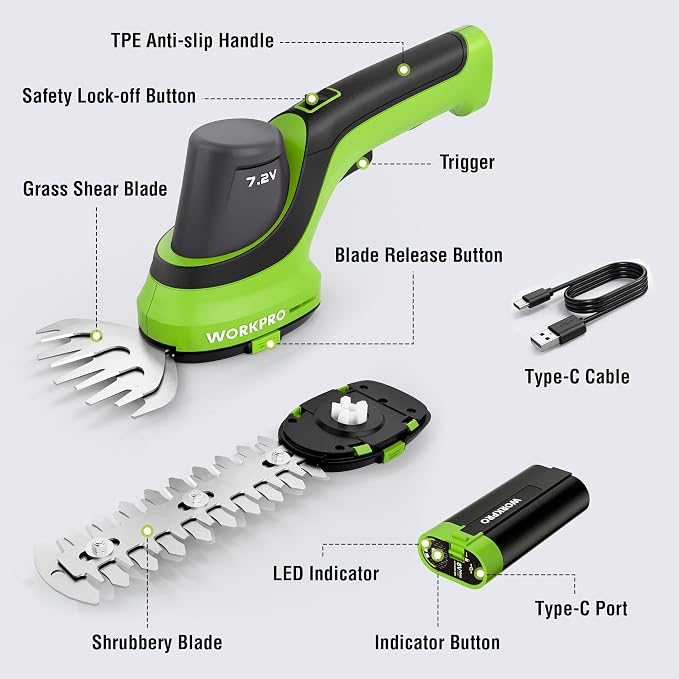 WORKPRO 7.2V Handheld Grass Trimmer, 2-in-1 Cordless Hedge Trimmer & Grass Shears with 2Ah Battery, Small Bush & Shrub Trimmer for Lawn Edging, Garden, Yard & Hedge Trimming