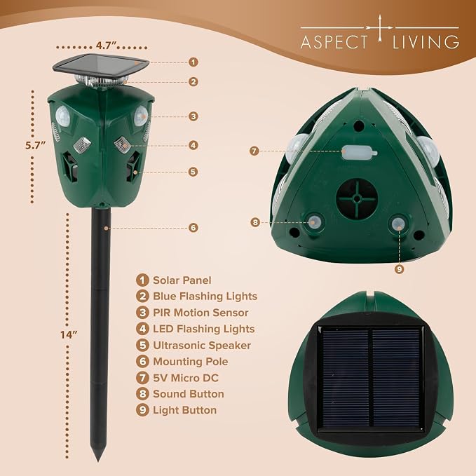 Solar & USB Powered Ultrasonic Animal Repeller, 360° Outdoor Motion-Activated Deterrent with 3 PIR Sensors & Flashing LED Lights, Waterproof Pest Repellent for Yard & Garden