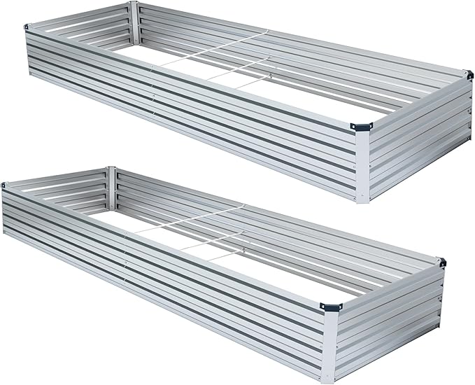 Meberam 2 Pack 6x3x1FT Galvanized Raised Garden Bed Kit, Outdoor Metal Planter Box for Vegetables, Bottomless Rectangular Gardening Bed with Support Rods, Tool-Free Assembly, Silver