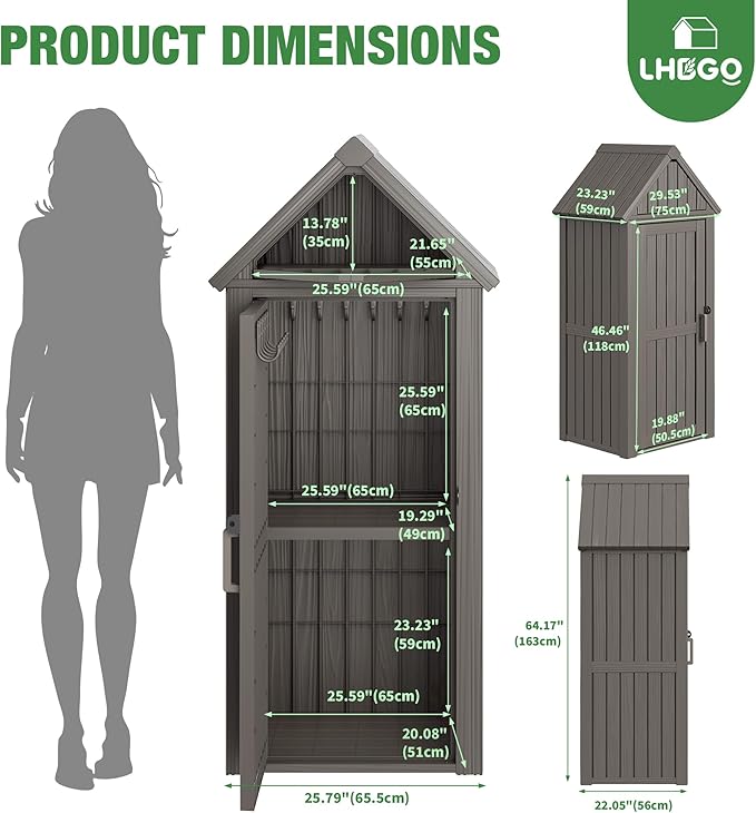 LHBGO Outdoor Storage Shed with Door & Shelf, Large Capacity Weatherproof Garden Tool Cabinet with Multiple Hooks for Backyard, Patio, Lawn（Gray