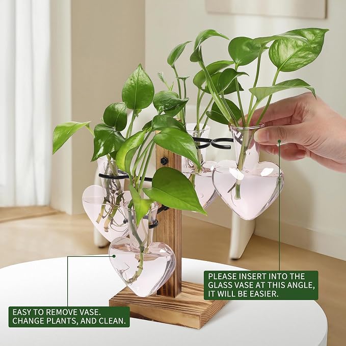 Plant Terrarium Propagation Stations with Wooden Stand | Glass Vase for Indoor Hydroponics Home Garden Office Decoration Gift for Women - 4 Love Bulb Vase