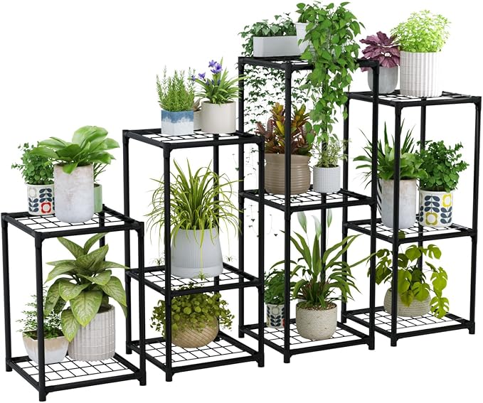Bamworld Plant Stands Indoor 4 Sets Plant Shelves Outdoor Metal Plant Holder for Multiple Plants Flower Stands for Living Room Balcony Garden Patio Lawn Window Black