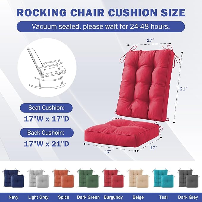 IPYNBAP Rocking Chair Cushion, Waterproof and Fade-Resistant Patio Chair Cushions, Tufted Chair Pads for Rocker Furniture, 17x17 Inch, Indoor/Outdoor Seat Cushions with Ties, Burgundy (Pack of 2)
