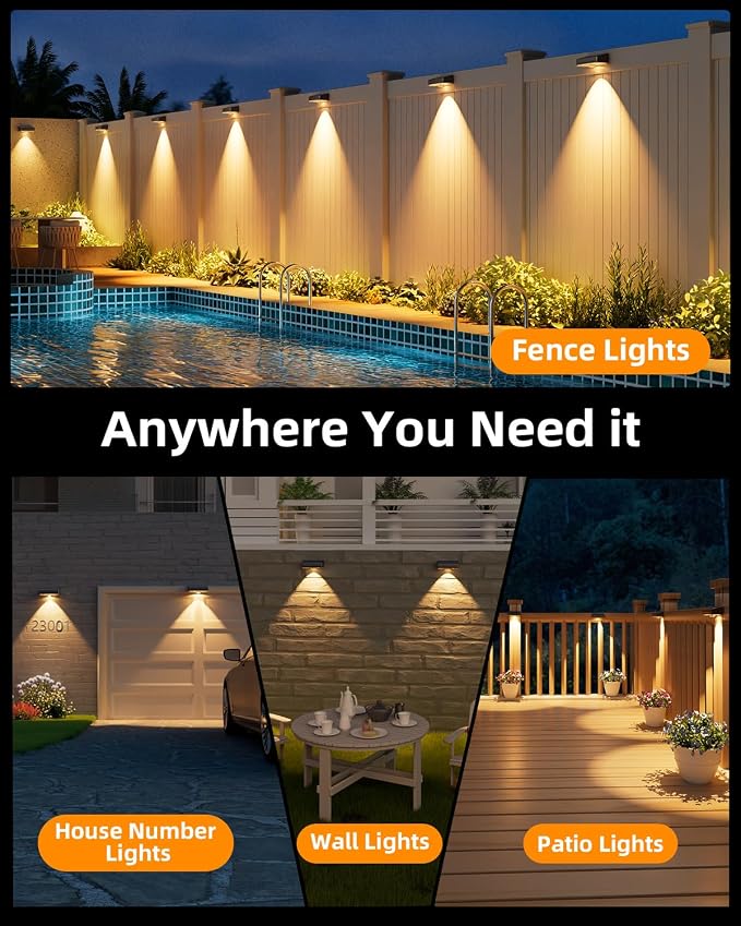 JOFIOS Solar Fence Lights Outdoor, 8 Pack, 50LM Ultra Bright, 3 Color Temperatures & RGB, IP65 Waterproof, Dusk-to-Dawn Solar Powered Fence Lights for Patio, Railing (Black)