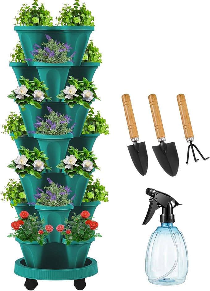 Umigy 1 Set Dark Green 7 Tier Vertical Planter Stackable Tower Planters Strawberry Herb Flower and Vegetable Pots Indoor Outdoor Gardening Pots with Removable Wheels and Tools
