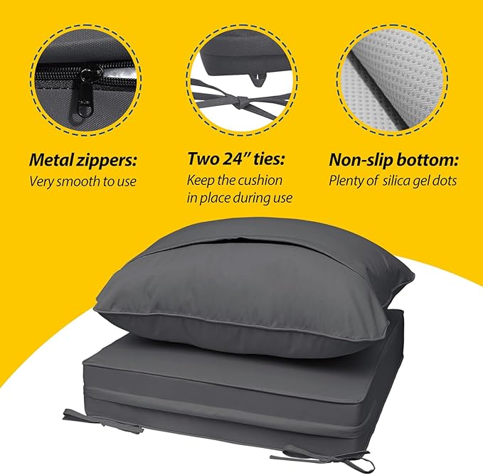AAAAAcessories Outdoor Seat Cushions for Chairs, Fade-Resistant, Waterproof Patio Furniture Replacement Cushions, 25.5" x 25.5" x 5" + 25.5" x 19", Dark Gray