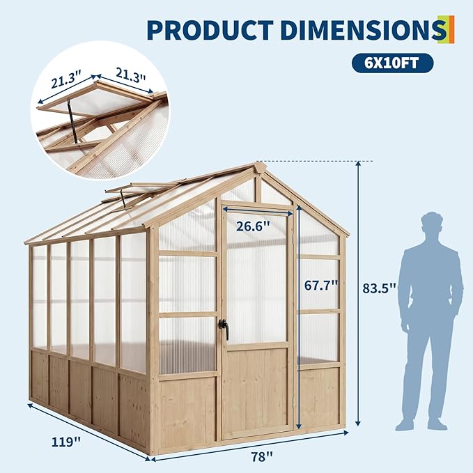 GarveeLife 6'x10' Wooden Greenhouse for Outdoor, Large Walk-in Greenhouse Kit with Ventilated Window, Door & Polycarbonate Panels, Heavy Duty Wood Frame Green House for Patio Garden Backyard