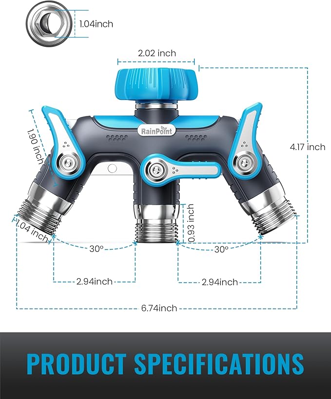 RAINPOINT 3 Way Hose Splitter, 100% Metal Heavy Duty Garden Hose Splitter With 1.9" Extra Long Handle & Individual Shut Off, 3/4 Inch GHT Thread Water Hose Connector For Outdoor Spigot Faucet (Blue)