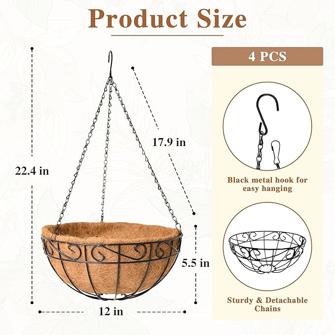 4 Pack Hanging Planter for Outdoor Plants 12 inch Metal Hanging Flower Basket with Coco Coir Liner Round Wire Plant Holder Chain Flower Pots Outdoor Garden Decoration Watering Hanging Baskets（HB）