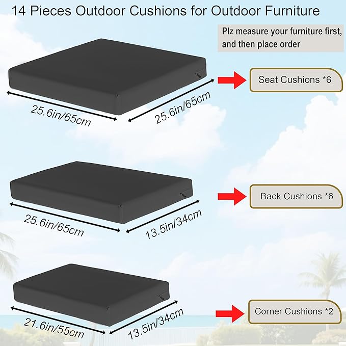Outdoor Replacement Cushions for Patio Furniture, Splash-Resistant and Fade-Resistant 14 Pieces Outdoor Couch Cushion, 25.6x25.6x4 Inch Sofa Pad with Removable Fabric Cover