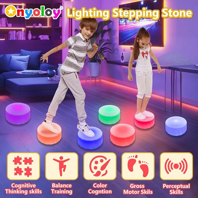 Onyoloy Kids Light Up Stepping Stones - 6 Non-Slip Stepping Stones, Each with 7 LED Light Colors, Indoor Obstacle Training Balance Stepping Stone Toys for Kids Ages 3 and Up.