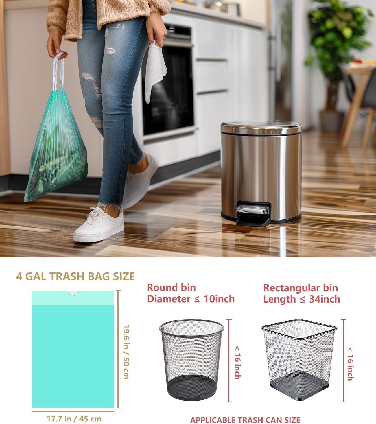 AYOTEE Compostable Trash Bags 4 Gallon Drawstring Trash Bags,100 Counts Ultra Strong Unscented Garbage Bag Small TrashBags Waste Basket Liners for Bathroom, Kitchen, Car, Pet