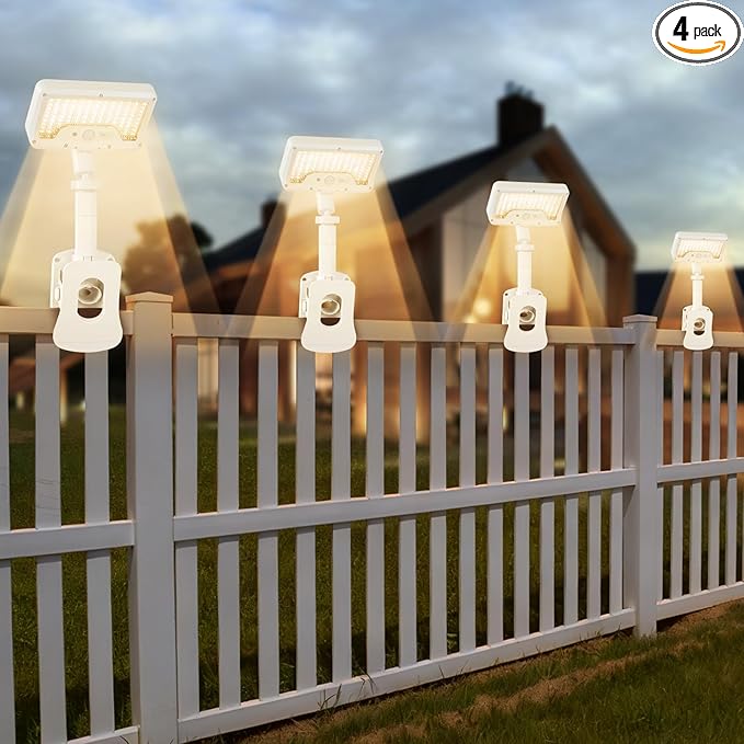 Clip On Solar Lights Outdoor with Motion Sensor, 360°Rotatable & Vertically Adjustable Solar Fence Lights with 92 LEDs (600 LM, 3000 K),IP65 Waterproof Security Light for Deck, Gutter（White, 4 Pack）