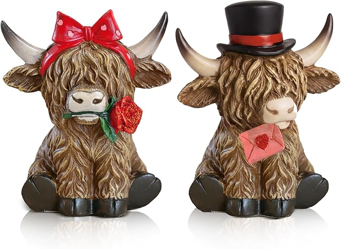 Simgoing 2 Pack Valentine's Day Highland Cow Figurines Love Heart Highland Cow Gnome with Rose Valentines Couple Statue Sweet Valentines Table Decoration for Farmhouse Tiered Tray Garden Home
