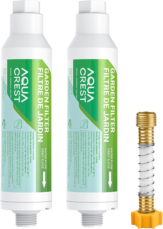 AQUA CREST Garden Hose Water Filter for Plants, Greatly Reduces Chlorine, Odor, Improve Plants Health, Ideal for Organic Gardening, Farming and Pets, Pack of 2, with Hose Protector