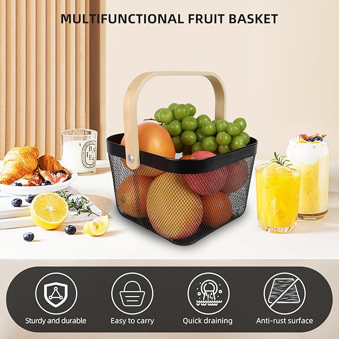 Mesh Steel Harvest Basket with Wood Handle,Hanging Kitchen Baskets Outdoor Basket,Harvest Basket for Garden Vegetables,for Shopping Garden Kitchen Bathroom Home(Black)