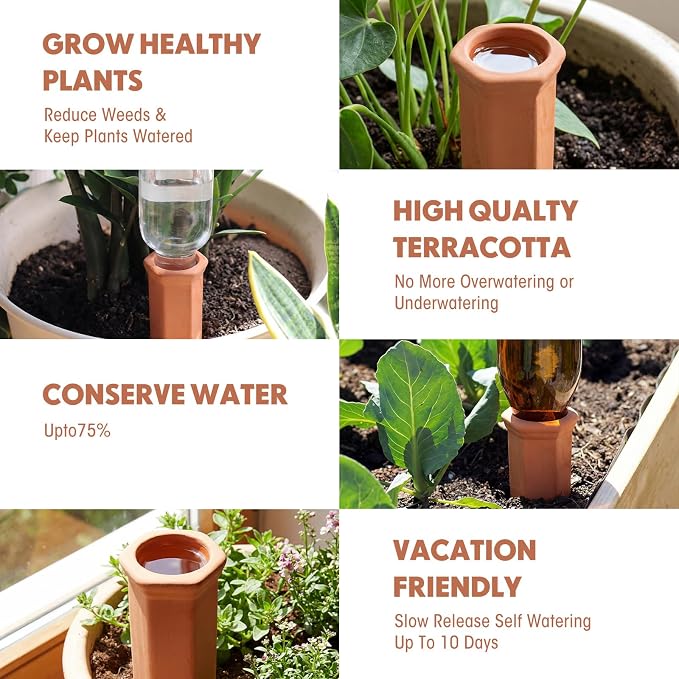 Tatuo 24 Pack Terracotta Watering Spikes Automatic Plant Waterer Devices Outdoor Indoor Use Plant Self Watering Devices Wine Bottle
