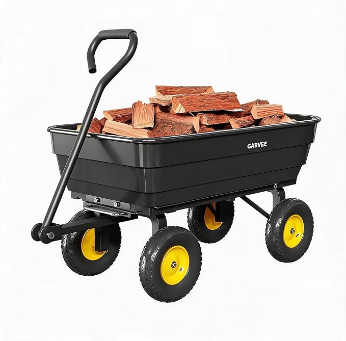 Garvee Poly Garden Dump Cart, Heavy Duty 600lbs Wheelbarrow Yard Cart Dump Wagon with 10”All Terrain Wheels, Garden Utility Wagon with Quick Release System& Convertible Handle Attach to ATV (Black)