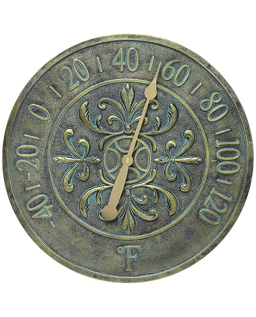 Blanc Fleur Aged Bronze - 15in Round Wall Thermometer, Aged Bronze Finish Case, Water Resistant