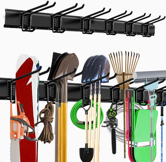 Garage Storage Rack Hooks, 48 Inch Heavy Duty Wall Mount Garage Organization with 3 Rails and 6 Adjustable Double Wall Hooks,Hanging Shelves for Garden Tool/Broom/Mop(Black)