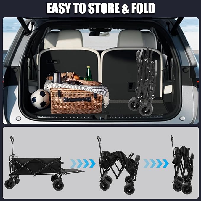 440 LBS Wagons Carts Foldable, Folding Collapsible Wagon Cart with Big All-Terrain Wheels & Cup Holders, Utility Graden Carts for Camping, Beach, Garden and Shopping
