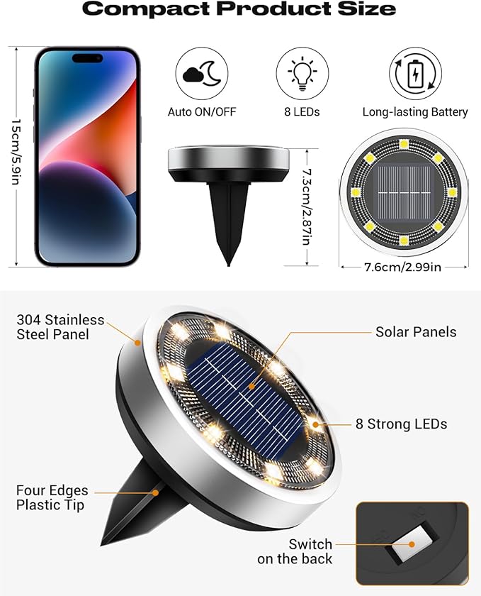 btfarm 30 Pack Solar Lights Outdoor, 8 LED Solar Ground Lights IP65 Waterproof Flat Solar Disc Light, Pathway Lights for Garden Lawn Patio Yard Path Landscape, Warm White