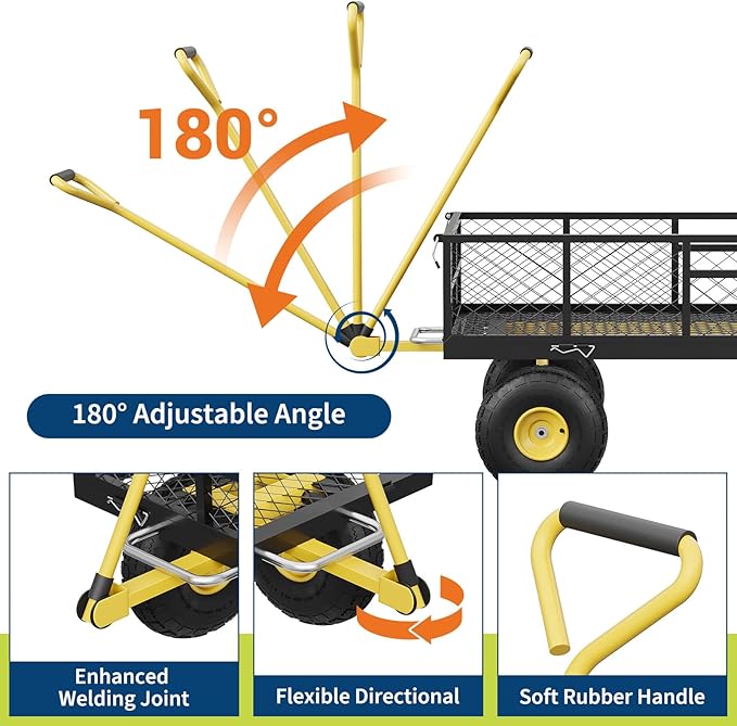 Garvee 900 lbs Steel Garden Dump Cart with Removable Sides, Convert to Flatbed, Heavy Duty Yard Cart with 180°Rotating Handle & 10" All Terrain Wheels, Utility Dump Wagon for Lawn Farm Backyard