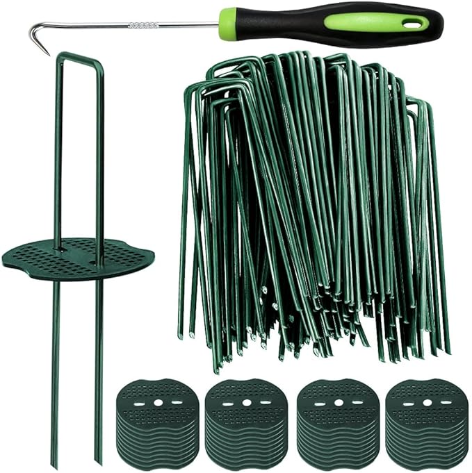 Bakulyor 100pcs Green Artificial Turf Stakes Staples + 100pcs Buffer Washer, 6 Inch 11 Gauge Landscape Staples, Galvanized Lawn Spikes, Heavy Duty Yard Ground Pin for Grass Weed Barrier Sod Fabric