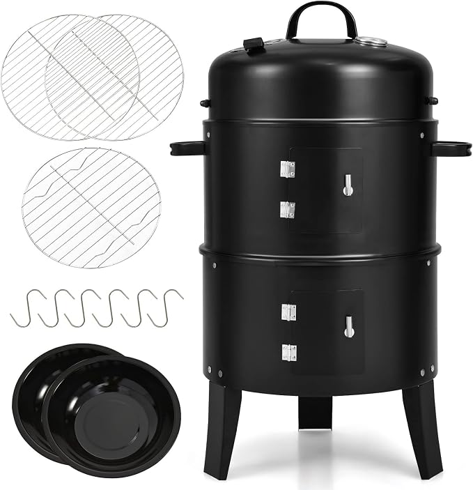 Giantex 3-in-1 Outdoor Smoker Grill, Portable Charcoal BBQ Grill, Built-in Thermometer and Air Vent, 6 Hooks, 2 Layers Vertical Steel Charcoal Smoker for Outdoor Cooking Camping