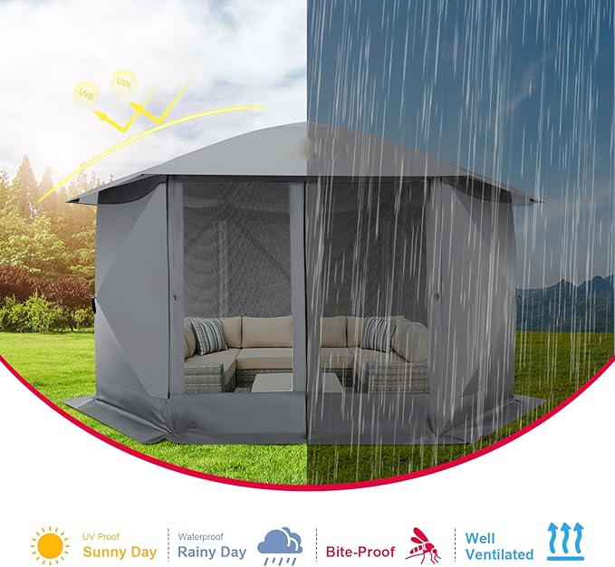 COBIZI 12x12 FT Pop Up Canopy Stargazing Tent, Gazebos On Clearance with Removable Roof, Screened in Gazebo, Screen Tents Portable carpas para Patio for Outdoor Camping,Backyard, Garden,Grey(Pro)