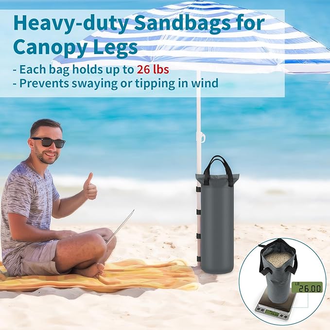 4 Sand Bags for Weight, Heavy Duty Sandbags for Canopy Legs, Extra Large Pop Up Tent Weights, Canopy Weight Bags for Gazebo, Outdoor Sun Shelter, Umbrella - Gray, 6"×20", Without Sand