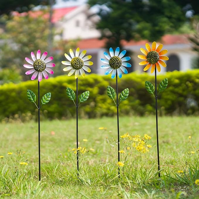 4 Packs Wind Spinner Outdoor, Pinwheels for Yard and Garden, Metal Sunflower Decorative Garden Stakes for Lawn Patio Porch Decor