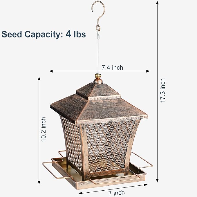 MYITYARD Bird Feeder for Outdoors Hanging, 4 lbs Large Capacity Metal Wild Bird Feeders - Vintage Bronze Finish Rust-Resistant Birdfeeder for Garden Yard Balcony Decor, Easy Fill, Thickened
