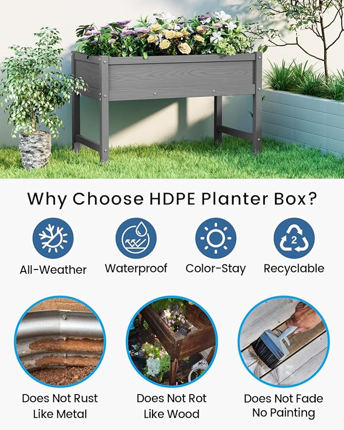 HDPE Raised Garden Bed with Legs, Outdoor All-Weather Elevated Planter Box Raised Beds for Seeds, Herb, Flower, Vegetable (Grey)