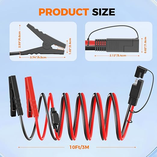 CASMAN 10FT SAE to Battery Alligator Clips Cable,12V SAE 2Pin Quick Disconnect Crocodile Cable with 15A Fuse for Solar Power, BatteryMotorcycleCarRVTruckWater Resistant (10AWG 10FT)