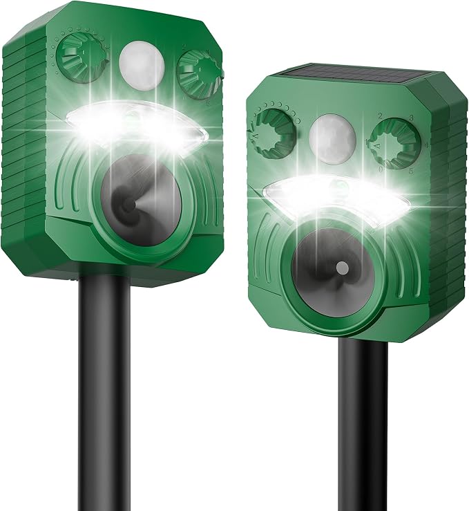 Cat Repellent Outdoor Deer Repellent Device Dog Repeller Solar Animal Repellent Ultrasonic Squirrel Repeller Waterproof with Flashing Light Motion Activated Sensor 2 Pack
